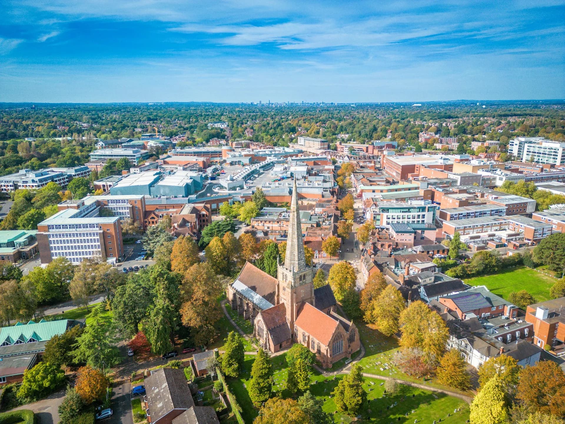 Aerial view of Solihull town centre and St Alphege Church
